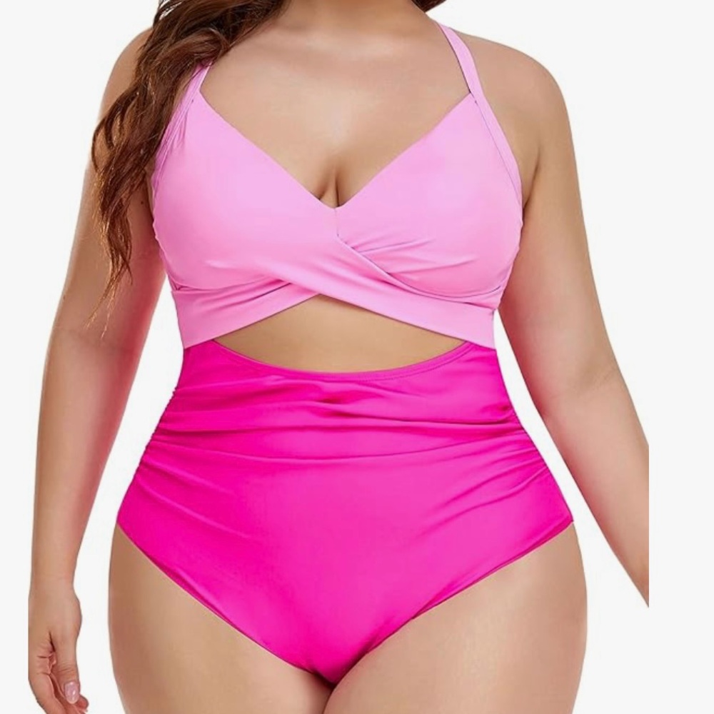 Women's XL Pink Color Block V‎ Neck One Piece Swimsuit
